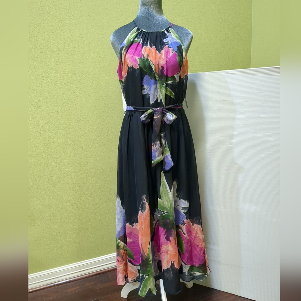 0831 DKNY Halter Semi Sheer Multicolor Floral Midi Dress Size 6